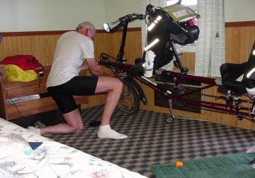 Jim working on the bike in the motel